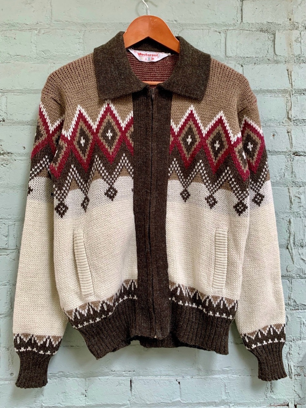 Vintage Zip-Up Fair Isle Sweater Jacket in Cream, Brown & Red